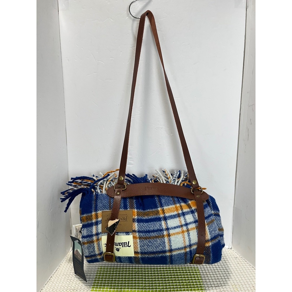 Pendleton Tillamook Blue Plaid Wool Motor Robe Leather Carrier 52in x 66in NEW